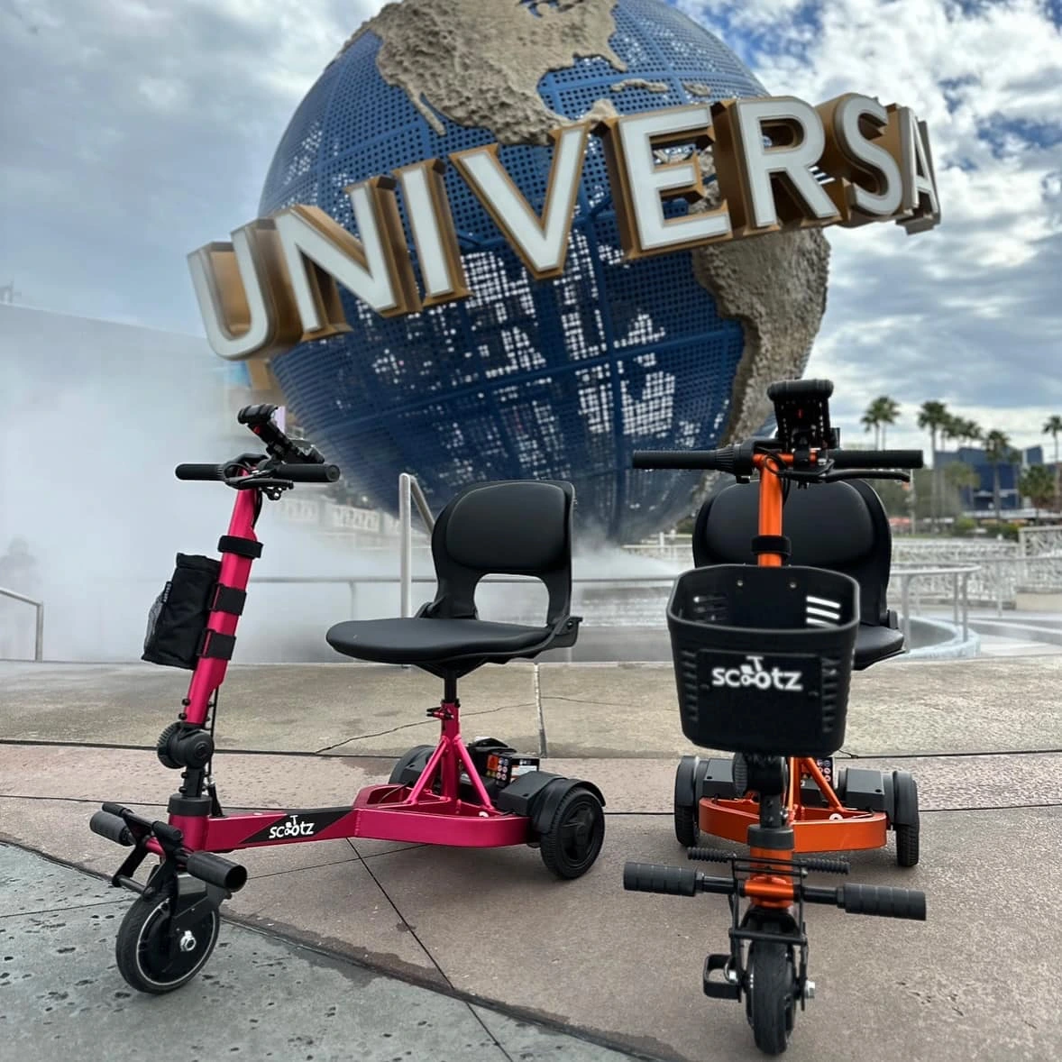 Scootz mobility scooters in front of Universal Studios Orlando globe